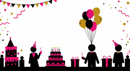 A cheerful birthday party scene filled with festive elements and silhouettes.