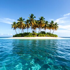 Obraz premium Idyllic tropical island beach with swaying palm trees, turquoise water, and white sand under a sunny sky