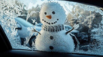 Frosty Snowman Drawn on a Frosted Car Window
