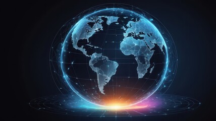 A digital rendering of the earth with glowing continents and a grid overlay on a dark background