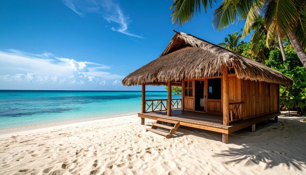 A tropical setting with beautiful beach huts and a clear blue ocean under a clear sky