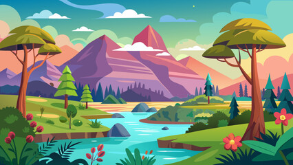 Vector art of stylized cartoon mountain range with a winding river and colorful trees under a dramatic sunset sky, evoking a sense of wonder and natural beauty