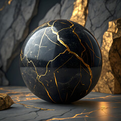 Dark marble sphere with golden cracks and kintsugi style repair