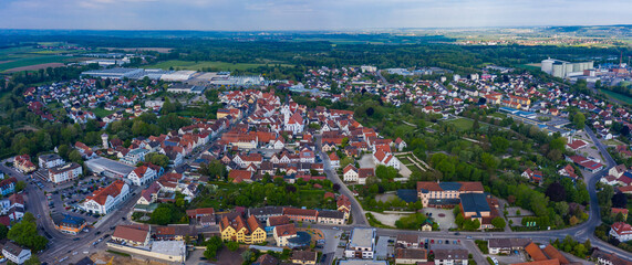  Aerial panoramic view around the old town of the city Rain, 86641  in Germany on a sunny spring day