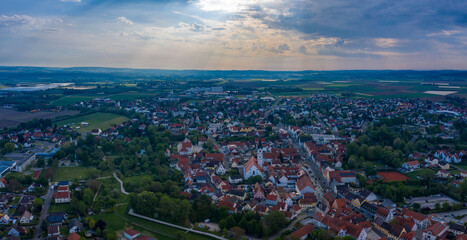  Aerial panoramic view around the old town of the city Rain, 86641  in Germany on a sunny spring day