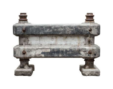 Weathered concrete railway bumper with rusty bolts and industrial design isolated on transparent background, png
