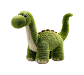 Cute green plush dinosaur toy with spotted back and long tail isolated on transparent background, png