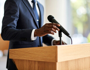 Torso of speaker adjusting microphone on podium