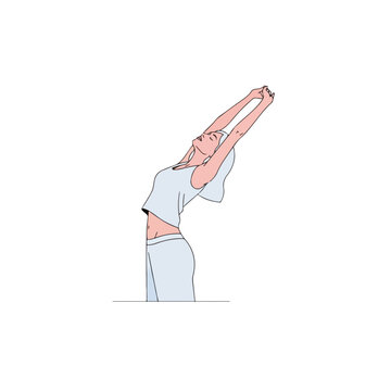 Simple line drawing illustration of a stretching woman arching back with arms overhead. Stretching woman feels relaxed and free, wearing yoga pants and crop top in minimalist illustration.