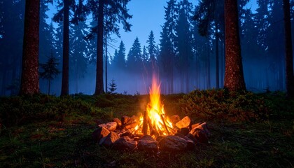 Winter camping in the mountains with a bonfire under a green sky and snow-covered trees