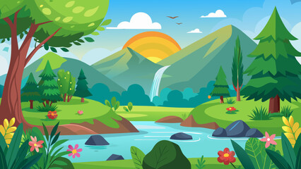 Naklejka premium Vector art of idyllic cartoon landscape with a sunlit mountain range, a gentle waterfall, a clear river, and vibrant flora under a bright blue sky
