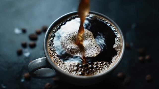 Coffee Pour: A close-up captures the rich aroma and visual delight of a hot coffee pour filling a ceramic mug, a moment of everyday pleasure and caffeine bliss.