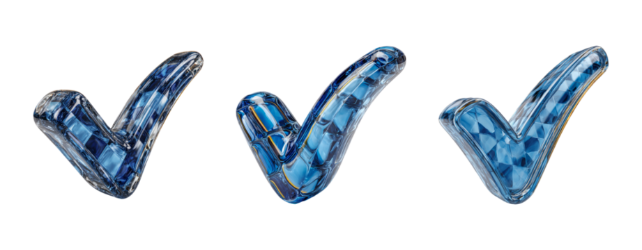 Three Isolated Blue Check Marks on Transparent Background