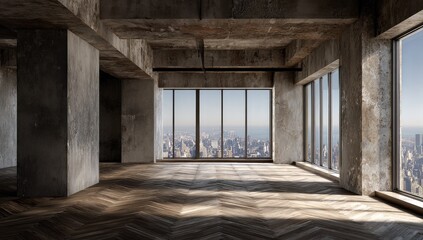 Sunlit, empty, high-rise loft with exposed concrete and hardwood floors