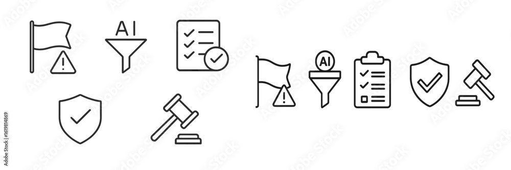 Poster icons representing artificial intelligence, verification, and legal processes in a minimal design en