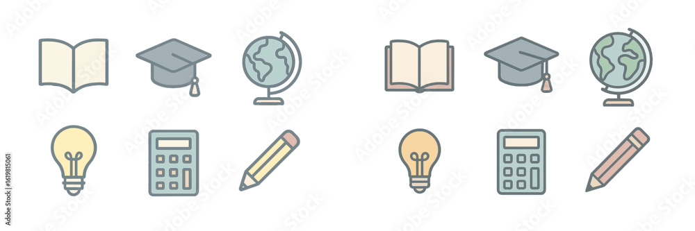 Poster educational icons representing learning tools and concepts in a minimalist style for academic themes