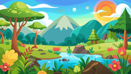 Vector art of vibrant cartoon landscape with majestic mountains, a winding river, lush green trees, and colorful flowers under a bright sunny sky with fluffy clouds