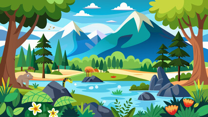 Naklejka premium Vector art of cartoon wildlife scene featuring mountains, a river, trees, and flowers with a rabbit and deer in a serene natural environment under a clear blue sky