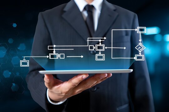 Businessman displays a holographic flowchart on a tablet visualizing complex processes and data flow in a modern digital business environment