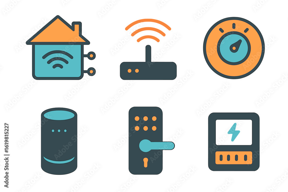 Poster smart home technology icons representing connected devices displayed on a white background