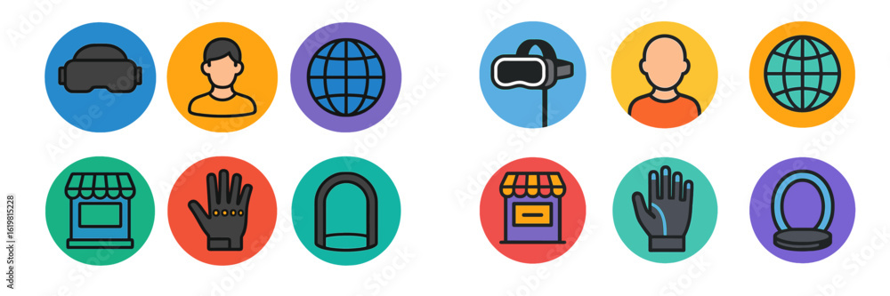 Poster virtual reality symbols in colorful circles representing technology, gaming, and user interaction in