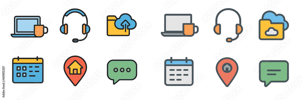 Poster graphic representation of digital tools for remote work and communication in a modern office setting