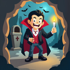Cartoon vampire holding a candle in a spooky graveyard at night  