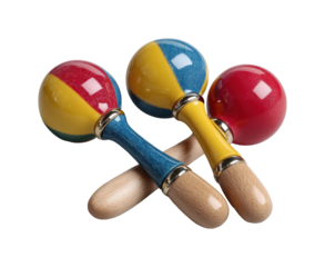 Colorful wooden maracas with red, blue, and yellow design isolated on transparent background, png