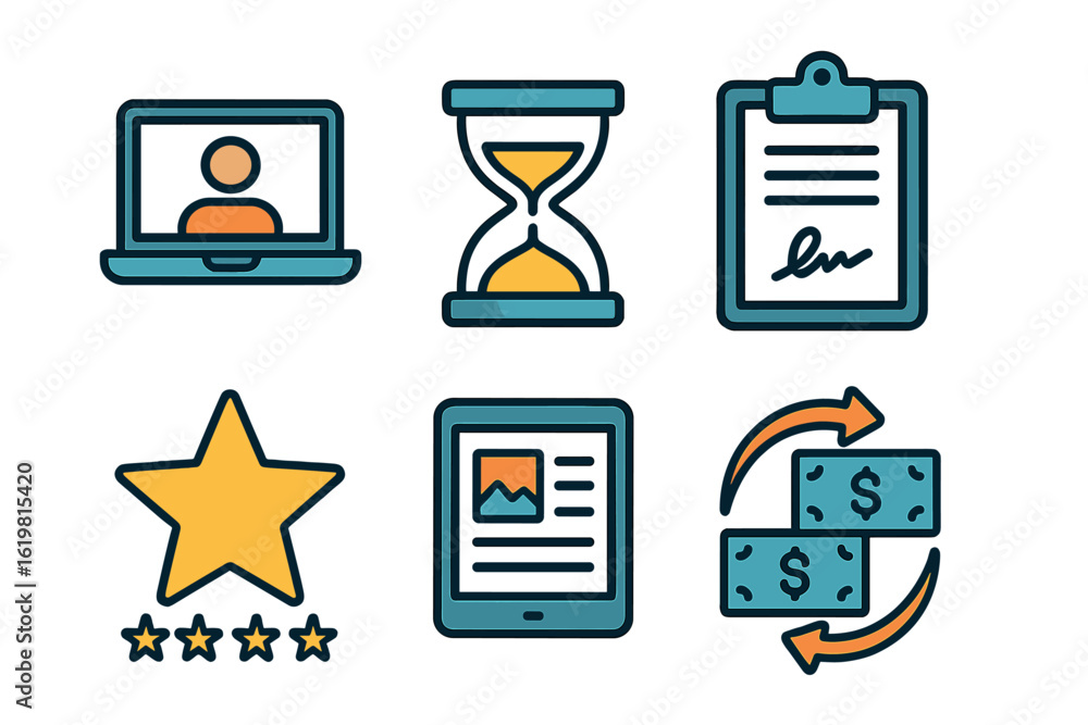 Poster digital icons representing online learning and evaluation methods for modern educational platforms a