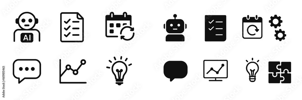 Poster icons representing artificial intelligence tools for productivity enhancement and task management in