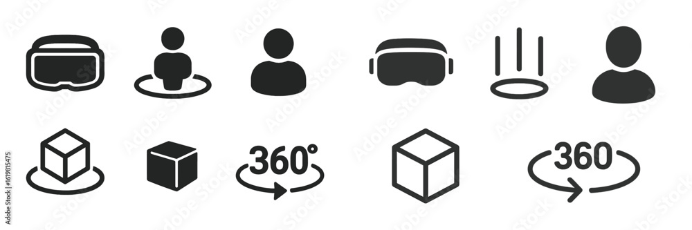 Poster virtual reality icons depicting user interaction and 360-degree experience in digital environments
