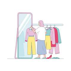 Woman choosing clothes, reflected in mirror, from wardrobe rack. Choosing clothes includes analyzing outfit options and color coordination. Lifestyle choice with woman choosing clothes for event,