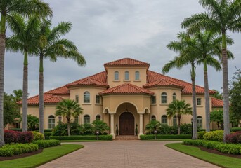 Luxurious mediterranean style mansion with palm trees and manicured gardens