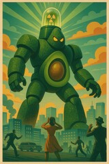 Halloween illustration of a massive green radioactive robot with glowing eyes towering over a city as terrified people flee in panic under a dramatic sky