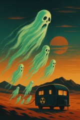 Halloween artwork of glowing green ghosts ascending from a radiation-marked trailer in a desert landscape with sunset sky and distant mountains