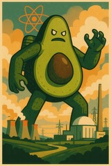 Halloween comic-style image of a giant mutant avocado with limbs and a nuclear pack menacingly rising over a power plant landscape surrounded by industrial buildings
