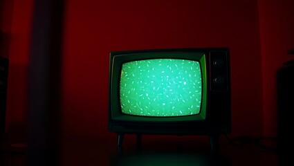 A vintage television with a green static screen against a dark red background in a dimly lit room | national radio day
