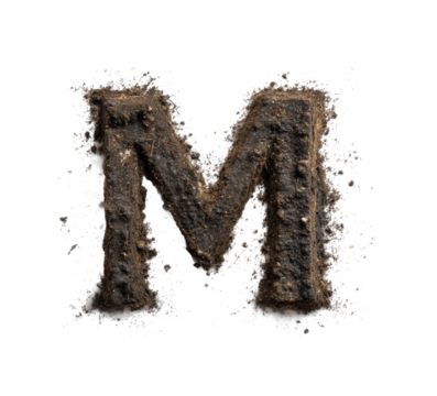 Textured earthy letter m in dirt and soil isolated on transparent background, png
