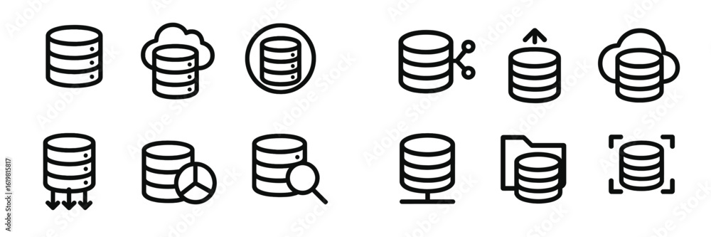 Poster various database icons representing cloud storage, sharing, and data management activities in modern