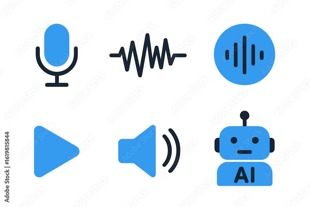 Poster icons representing audio elements and artificial intelligence technology for digital applications