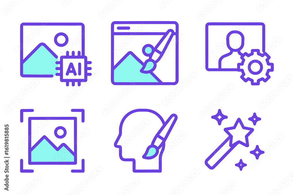 Aufkleber icons representing artificial intelligence in image creation and editing tools for digital artistry