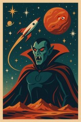 Halloween themed illustration of a sharp-fanged vampire standing on a barren alien world with stars, planets and a rocket flying through the galaxy in the background