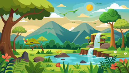 Naklejka premium Vector art of serene natural scene featuring mountains, a waterfall cascading into a river, trees, flowers, and birds flying in the sunny sky