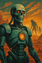 Halloween concept art of a robotic humanoid skeleton with glowing red eyes standing in a post-apocalyptic wasteland with shadowy figures in the distance