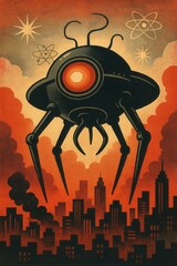 Halloween retro style artwork of a giant alien war robot with glowing red eye and tripod legs emerging from smoke to attack a city with atomic symbols in the sky