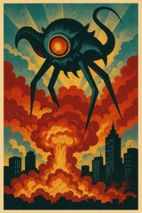 Halloween-themed retro poster showing a monstrous alien with tentacles hovering over a city as a fiery explosion erupts beneath with bold vintage comic style