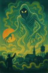 Halloween-themed illustration of a ghostly hooded figure with glowing eyes looming above a rural village in green mist with a man pointing in alarm at the spectral presence