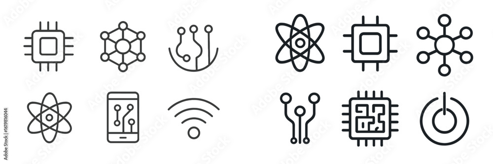 Poster collection of technology and science icons showcasing innovation in electronics, communication, and 