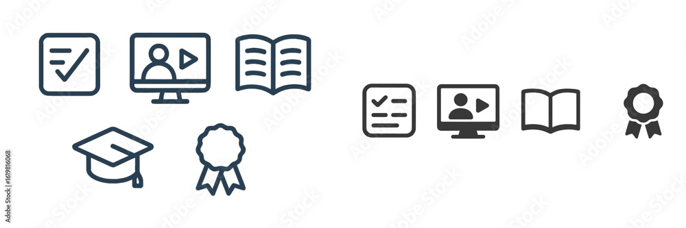 Poster icons representing online education and certification processes for students and learners in a digit
