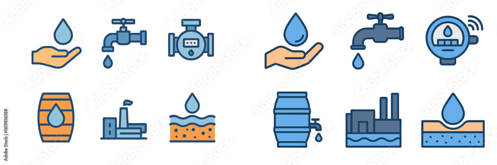 Poster water conservation symbols representing various aspects of water management and usage in modern infr
